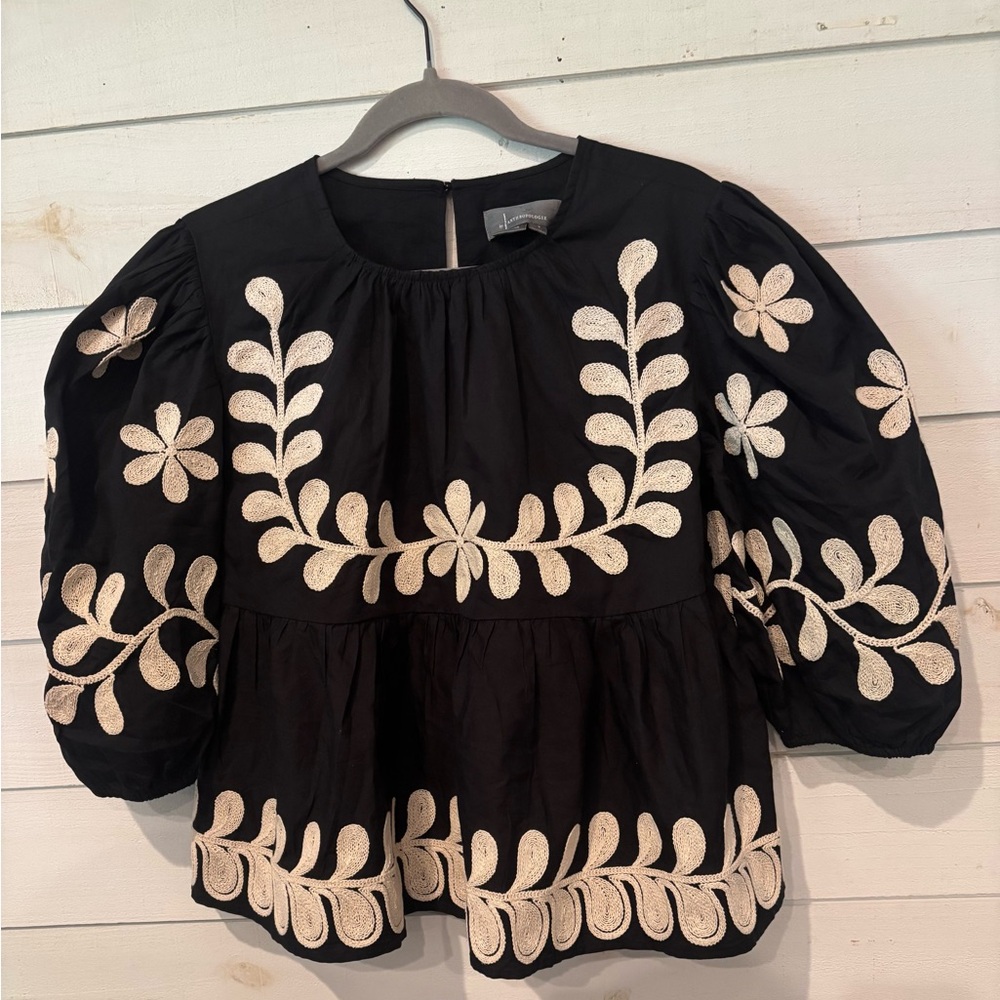 Anthropologie Black Peplum Blouse with Cream Floral Embroidery - Picture 2 of 13